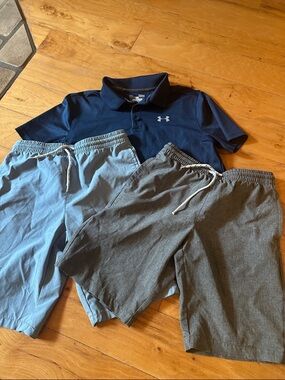 Under Armour Navy Polo with Light Blue and Charcoal Drawstring Shorts